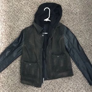 Denim style jacket with leather sleeves